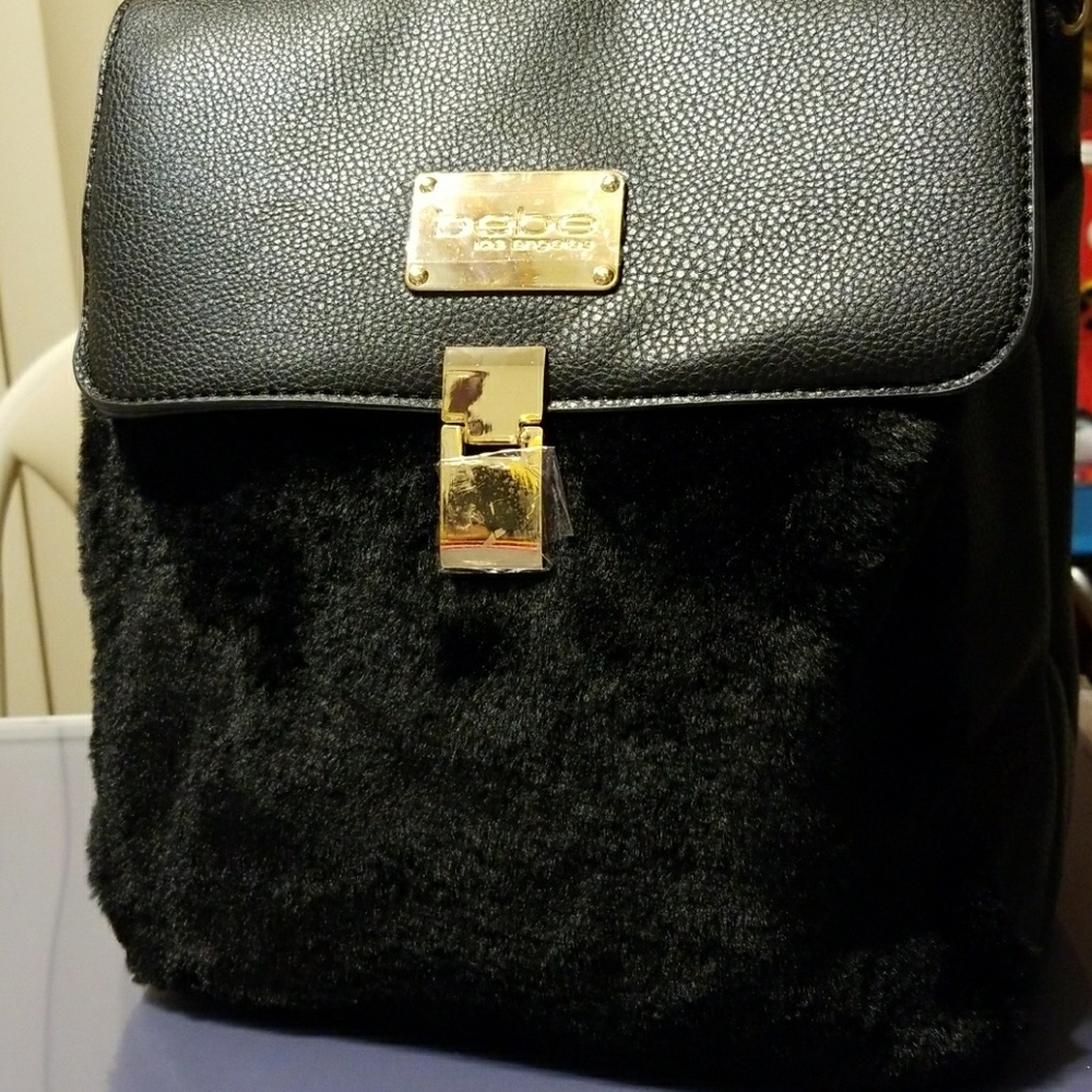 Bebe Black Backpack, w/ Fur, New - Picture 1 of 7